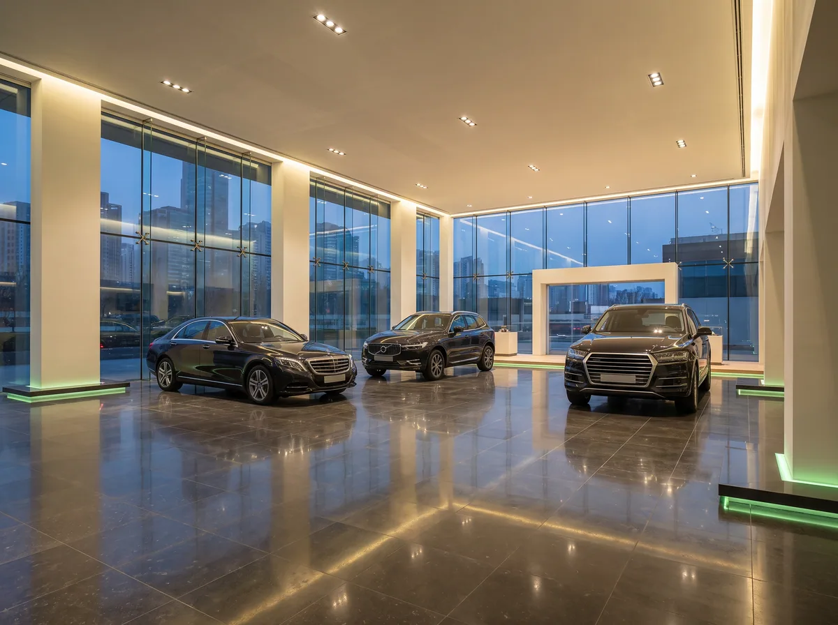 A car dealership showroom at night with a mirror-polished floor and spotless floor-to-ceiling glass.