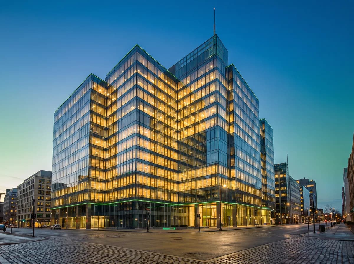 A grand multi-tenant office tower lobby atrium at night with a polished marble floor reflecting the lights.