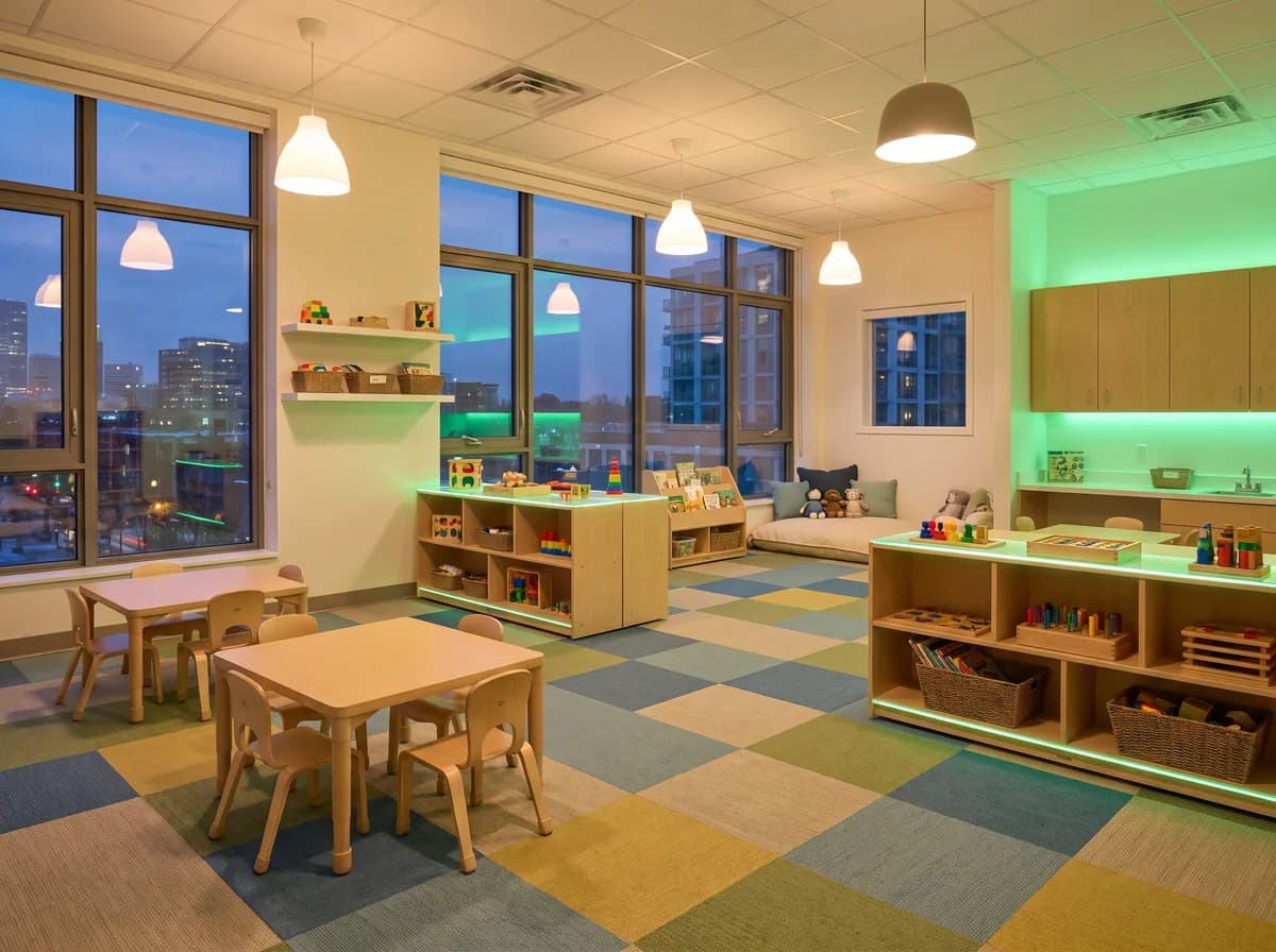 A preschool classroom at night with sanitized low tables, soft flooring, and neatly stored toys.
