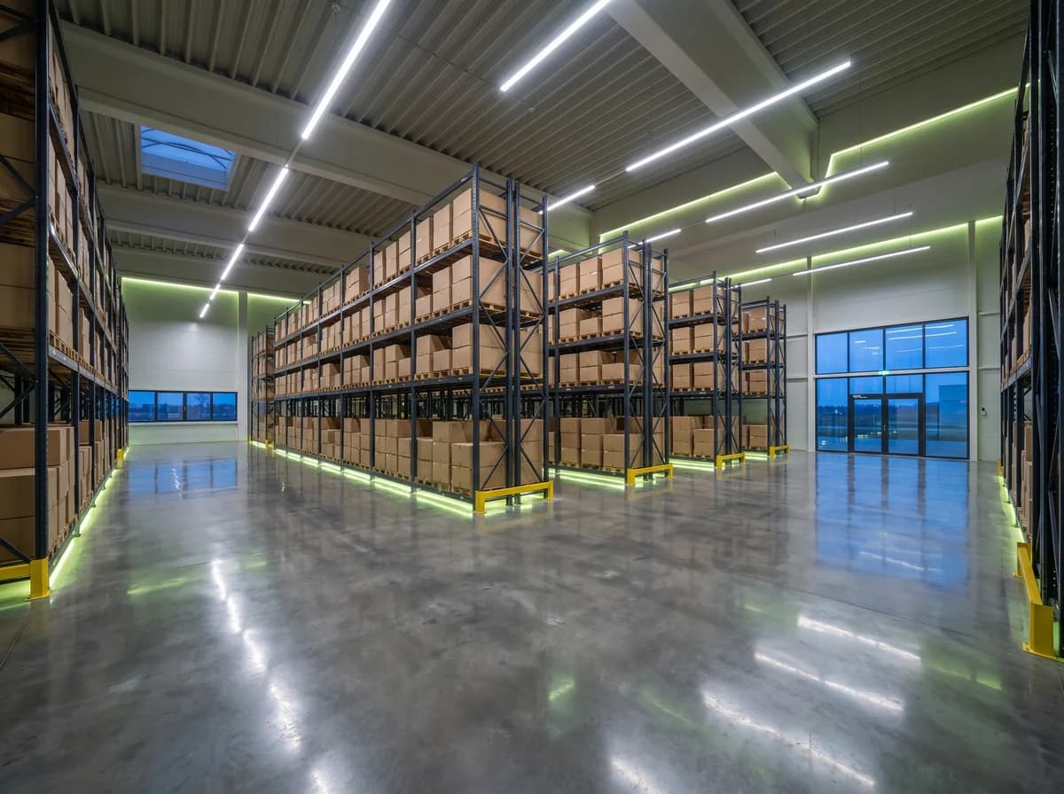 A vast warehouse interior at night with a swept, sealed concrete floor and orderly racking in shadow.
