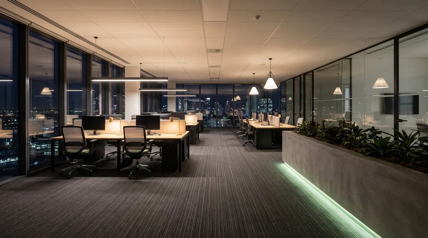 An empty office floor at night, freshly vacuumed with clean carpet lines and a cleaning cart in the background.