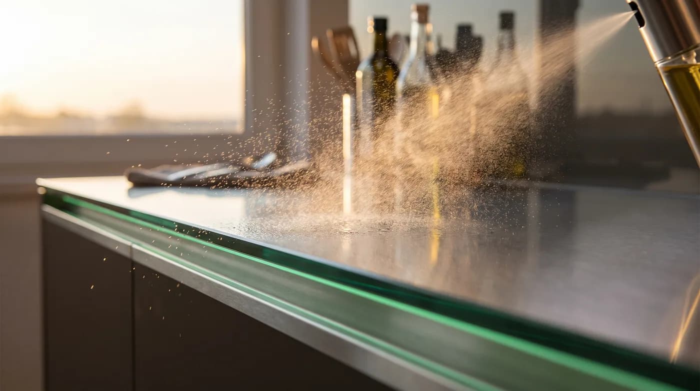 A stainless steel and glass surface being disinfected, a fine mist catching the light.