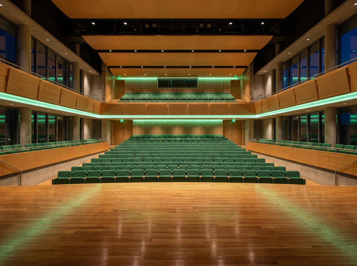 An empty auditorium at night seen from the stage, with a swept stage floor and spotless seating.